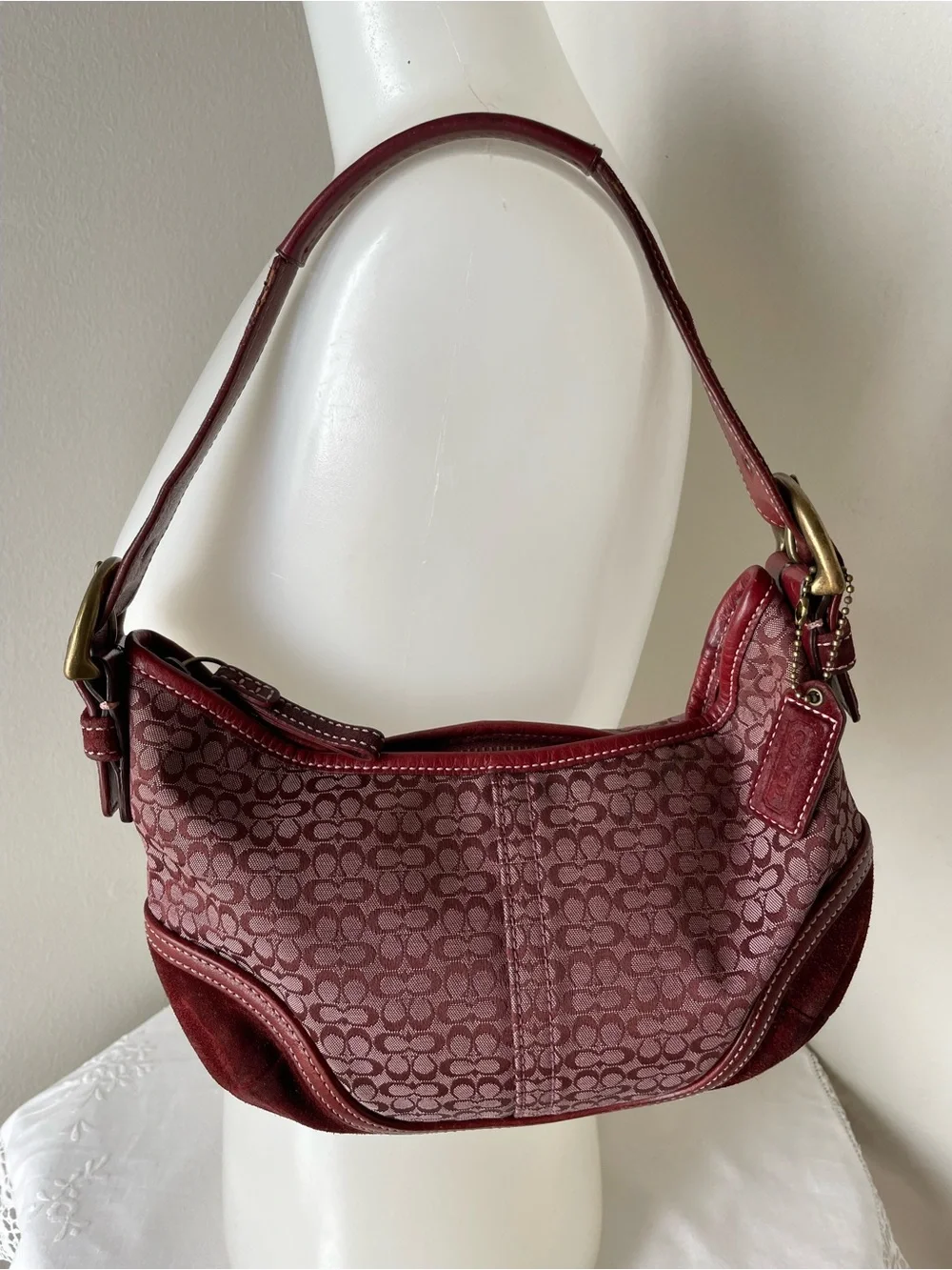 Vintage Coach Soho Mini Signature Hobo Bag Burgundy Canvas Suede Y2K 6351 - Picture 1 of 14